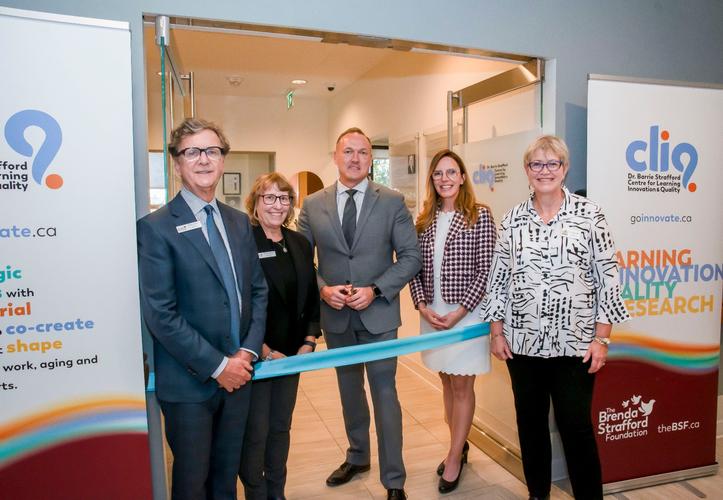 <p>The launch event included a Ribbon Cutting (Left-Right): Clayton Sissons (BSF Board Chair), Roxanne Sissons (Strafford family representative and BSF Board Member), Tony Weeks (BSF President and CEO), Catherine Laing (Executive Director, Dr. Barrie Strafford Centre for Learning, Innovation & Quality), and Dr. Luanne Metz (MLA Calgary-Varsity).</p>
